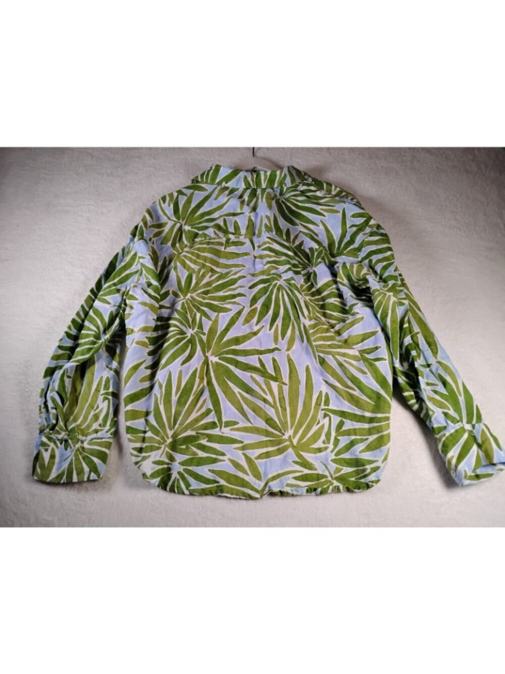 Sigrid Olsen Linen Blouse Hi Lo Tropical Long Sleeve Resort Size M Green Pocket - Picture 2 of 6